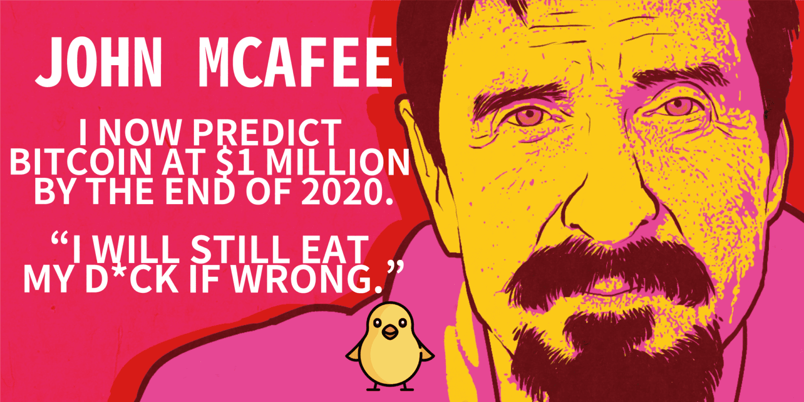 John McAfee吃雞倒數372天，比特幣能否在2020底前達到一百萬美元？