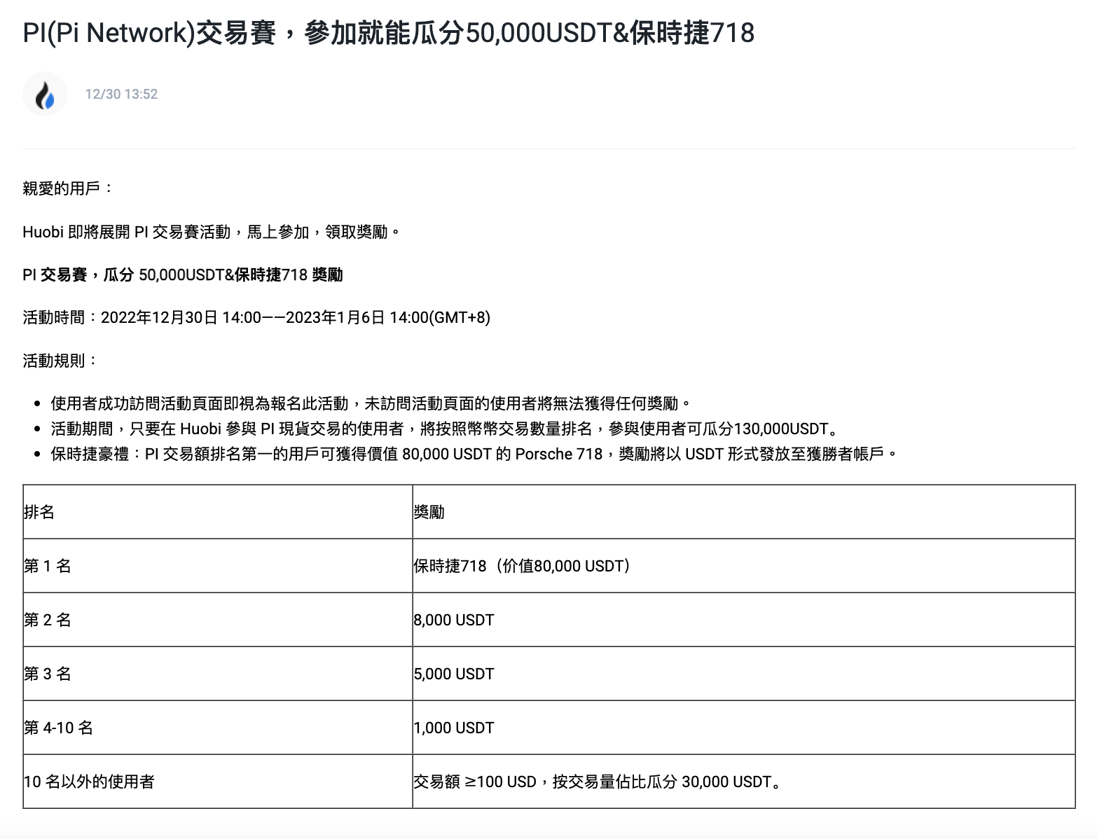 火必推出交易競賽，Pi 幣單價突破100 美元– 桑幣區識Zombit