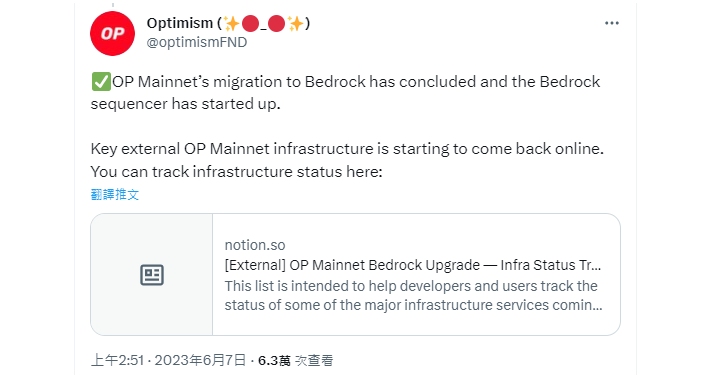 Optimism 完成主網 Bedrock 升級，推進降低交易成本等一系列改進